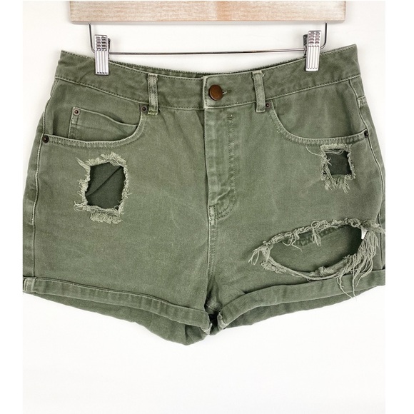 ASOS Pants - Asos Denim Distressed High Rise Roll Cuff Shorts,‎ Olive Green - Size 10